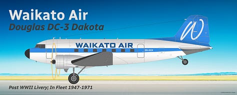 Gallery of Douglas DC-3 airliners operated by South Island Airways and Waikato Air during the years after World War II: (1, 2, 3) South Island Airways Douglas DC-3 in side view while in midflight, landing and parked; (4, 5, 6) Waikato Air Douglas DC-3 in side view while in midflight, landing and parked.