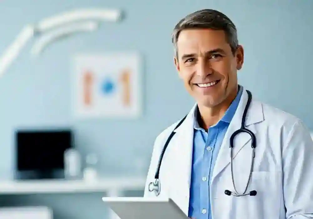 A male doctor in a lab coat is prepared to address his patient's questions using a tablet.