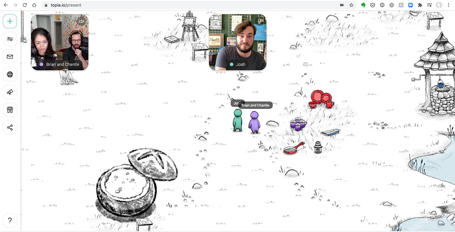 A screenshot of the platform Topia, with the writer and the couple in little video boxes and a background with drawings on it, including drawings that look like a bread bowl jacuzzi, wedding gifts, and a well, with little colorful avatars in the center.