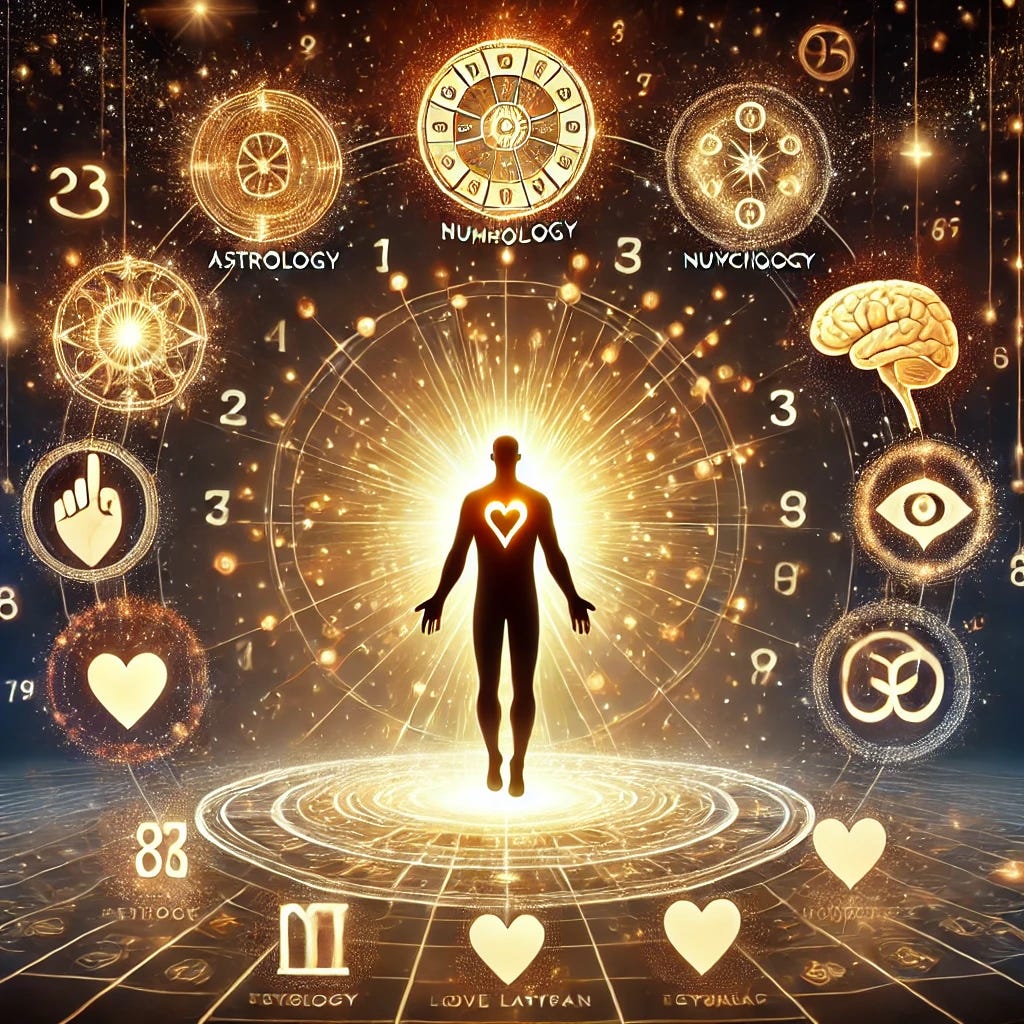 A digital illustration of a person standing in the center of an abstract, glowing space, surrounded by floating symbols representing different tools of self-discovery. Each tool should appear only once, with no duplicates. The symbols include: (1) an astrology zodiac wheel, (2) numerology glowing numbers, (3) a brain representing psychology, (4) an aura with chakras symbolizing spiritual alignment, (5) a heart representing love languages, (6) a unique icon for personality type, (7) a blood drop representing blood type, and (8) a simple Human Design bodygraph symbol. The person absorbs knowledge from these tools, radiating golden light, symbolizing enlightenment and self-awareness. The illustration should feel mystical yet clear, with well-defined symbols and no repetition.