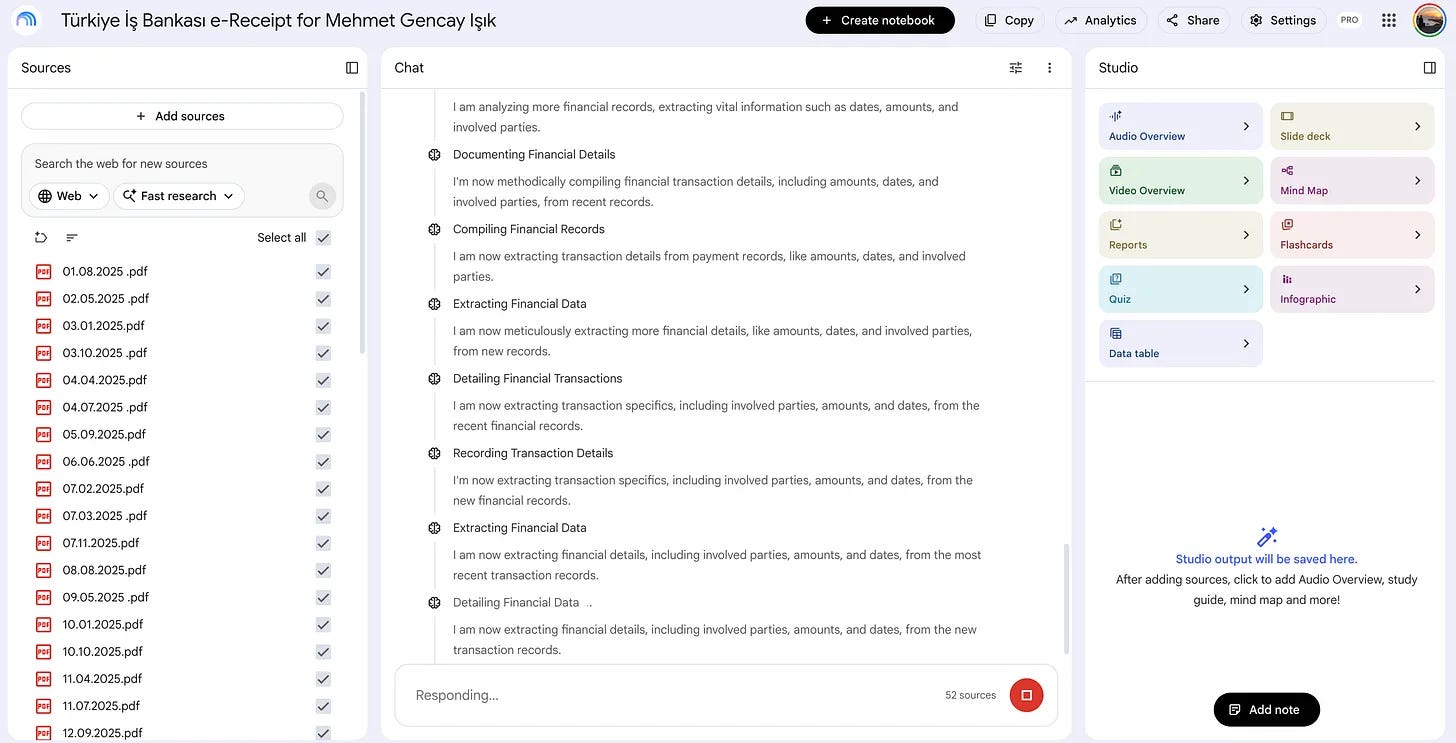 Expanded Executed code view in NotebookLM listing step-by-step actions like extracting financial data and compiling records Expanded Executed code view in NotebookLM listing step-by-step actions like extracting financial data and compiling records
