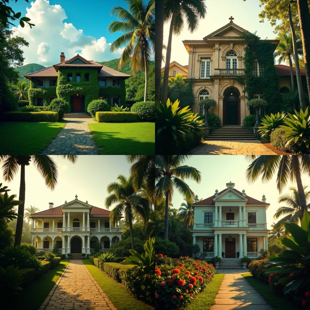 Majestic colonial mansion, Jamaica, late afternoon, warm golden light, cinematic lighting, long shadows, vibrant lush tropical gardens, ornate wooden facade, rustic shutters