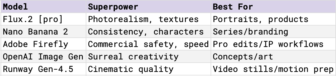 Table comparing AI image generation models and their strengths, including Flux.2 [pro] for photorealism and textures, Nano Banana 2 for consistent characters, Adobe Firefly for commercially safe edits, OpenAI Image Generation for surreal creativity, and Runway Gen-4.5 for cinematic visuals.
