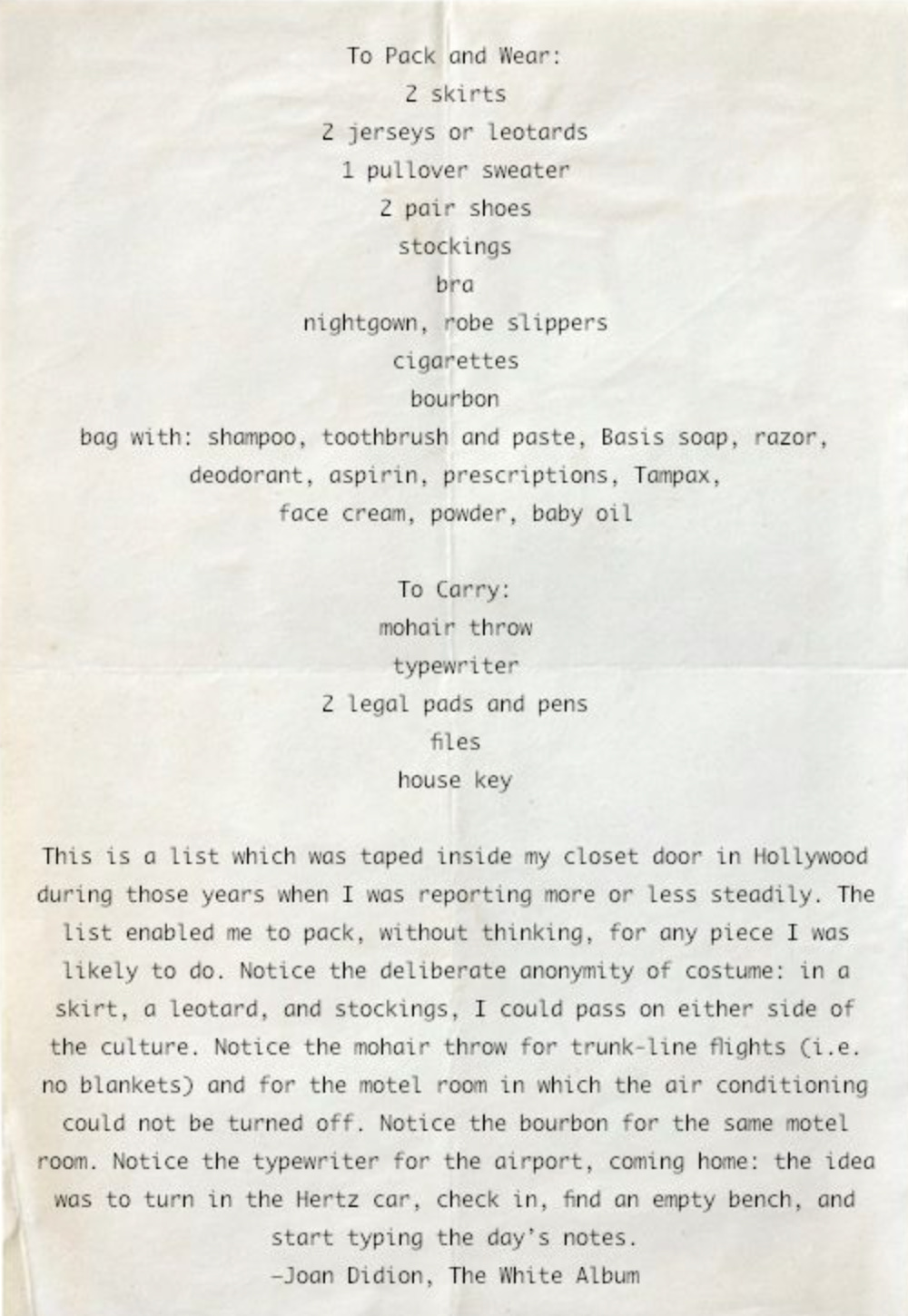 joan didion packing list