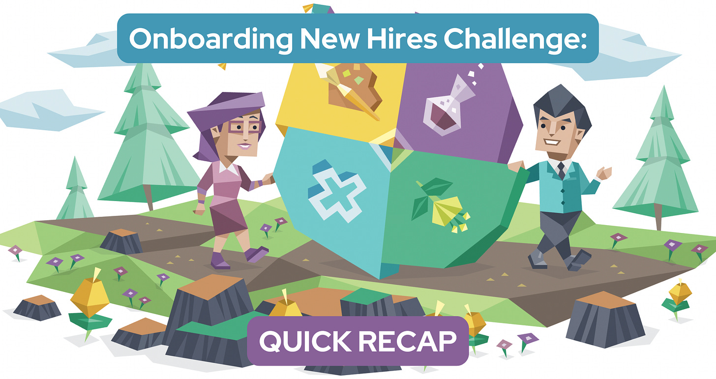 Two coworkers walking along a path in the forest while rolling a large multi-colored wheel between them. Text reads: Onboarding New Hires Challenge: Quick Recap. Two coworkers walking along a path in the forest while rolling a large multi-colored wheel between them. Text reads: Onboarding New Hires Challenge: Quick Recap.