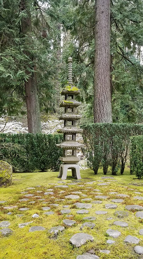 Photos of cherry trees, moss gardens, stone garden, pagoda lantern, Jizo statue, and camellias in bloom