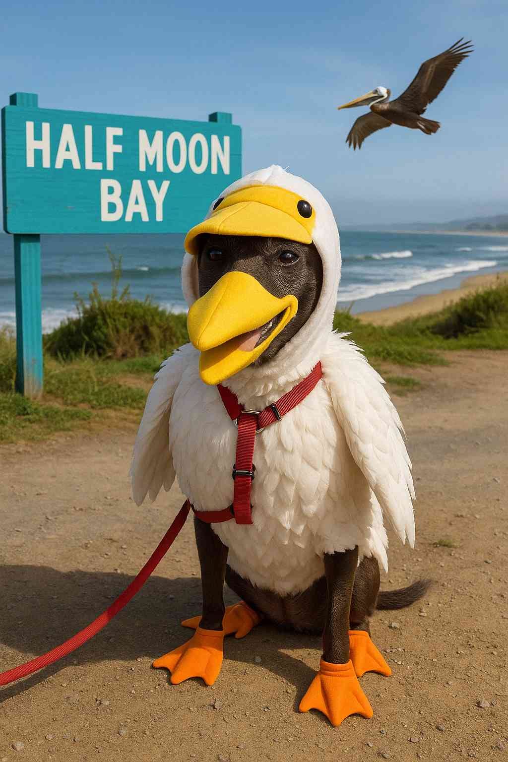 Cleo is now wearing a very good pelican costume, albeit one that looks a little uncomfortable. There is a large blue sign reading Half Moon Bay in the background, and the sea, and a pelican flying past.