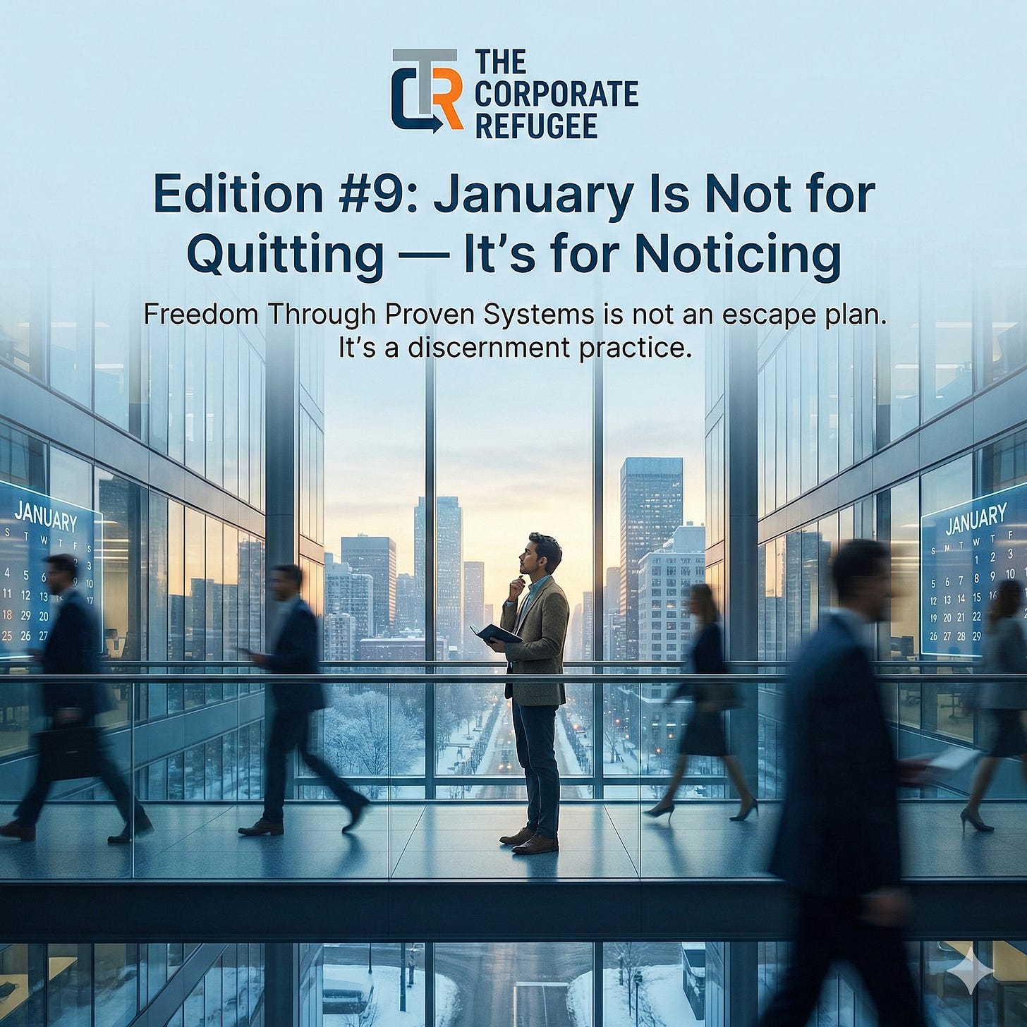 Cover image for The Corporate Refugee Substack newsletter. The title reads, "Edition #9: January Is Not for Quitting — It’s for Noticing," followed by the subtitle, "Freedom Through Proven Systems is not an escape plan. It’s a discernment practice." The background is a photo of a person in a brown jacket standing thoughtfully on a modern glass skybridge inside a high-rise building, holding a notebook, with a digital calendar displaying "JANUARY" on a window. Other blurry figures in business attire walk past against a snowy city skyline. Cover image for The Corporate Refugee Substack newsletter. The title reads, "Edition #9: January Is Not for Quitting — It’s for Noticing," followed by the subtitle, "Freedom Through Proven Systems is not an escape plan. It’s a discernment practice." The background is a photo of a person in a brown jacket standing thoughtfully on a modern glass skybridge inside a high-rise building, holding a notebook, with a digital calendar displaying "JANUARY" on a window. Other blurry figures in business attire walk past against a snowy city skyline.