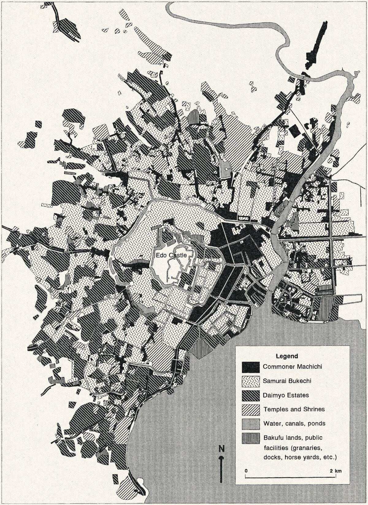 André Sorensen, The Making of Urban Japan, Cities and Planning from Edo to the Twenty-First Century. Sorensen's map was adapted from another drawn by Okata Junishiro in 1981, itself based on Tokugawa originals.