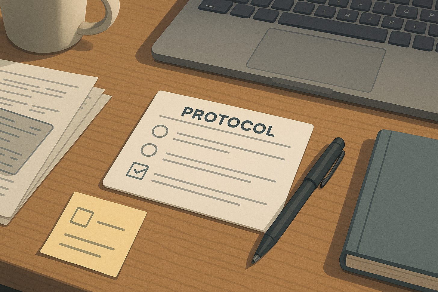 Illustration of a wooden desk with the edge of a laptop, a card labeled “PROTOCOL” showing checklist items, a pen, a closed notebook, a stack of papers, a coffee mug, and a small sticky note. Illustration of a wooden desk with the edge of a laptop, a card labeled “PROTOCOL” showing checklist items, a pen, a closed notebook, a stack of papers, a coffee mug, and a small sticky note.