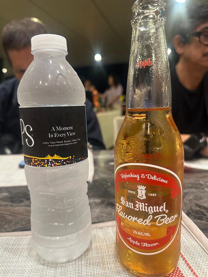 Water & San Miguel Apple, Crispy Pata, Pancit Cebu