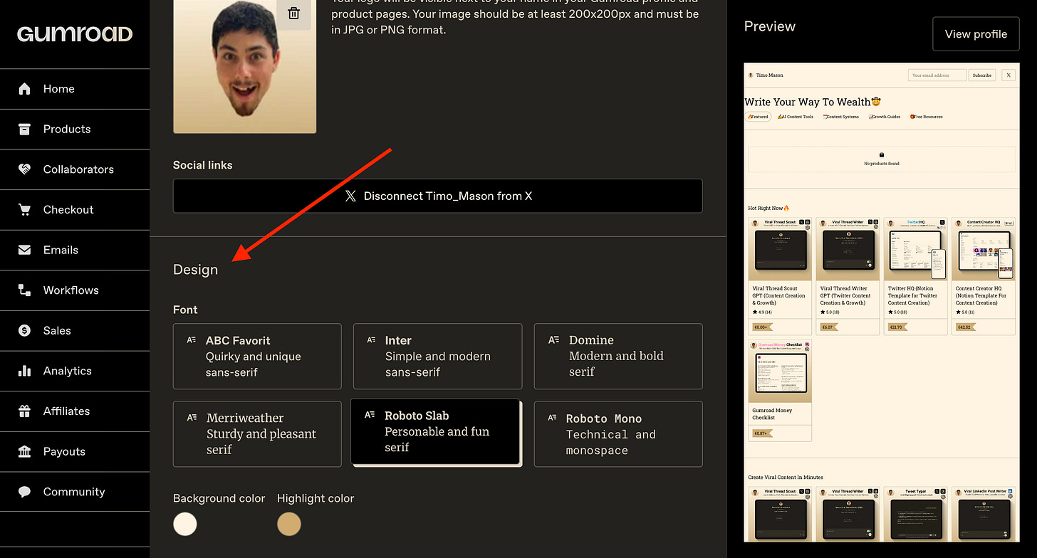 gumroad profile design settings gumroad profile design settings