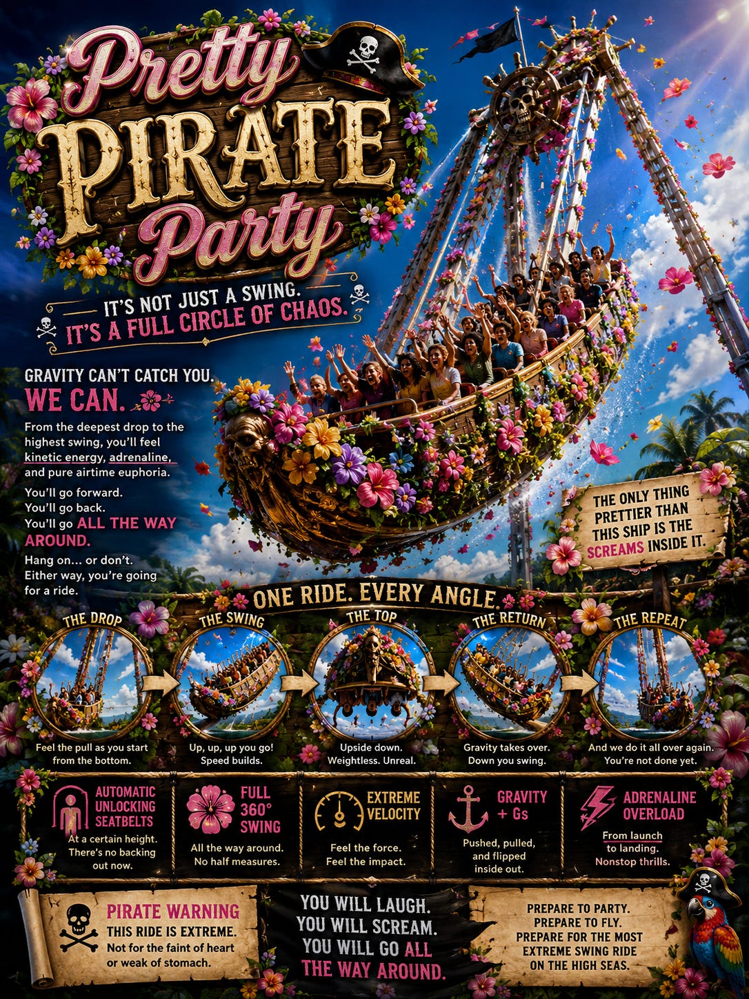 A fictional Bad Idea Park poster for Pretty Pirate Party, a giant pirate-ship ride decorated with flowers and skulls that swings riders through a full 360-degree loop. Bright, cheerful artwork contrasts with warnings about extreme speeds, gravity forces, and adrenaline overload, making it both whimsical and slightly alarming. A fictional Bad Idea Park poster for Pretty Pirate Party, a giant pirate-ship ride decorated with flowers and skulls that swings riders through a full 360-degree loop. Bright, cheerful artwork contrasts with warnings about extreme speeds, gravity forces, and adrenaline overload, making it both whimsical and slightly alarming.