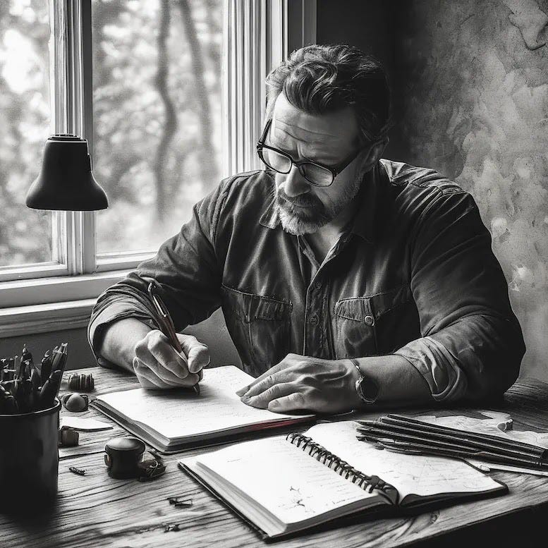 Journaling organizes your thoughts as a critical thinking exercise. A man in his forties is carefully writing down his thoughts in his own journal while sitting at a desk. He does this to efficiently arrange his ideas and participate in activities that improve his critical thinking abilities.