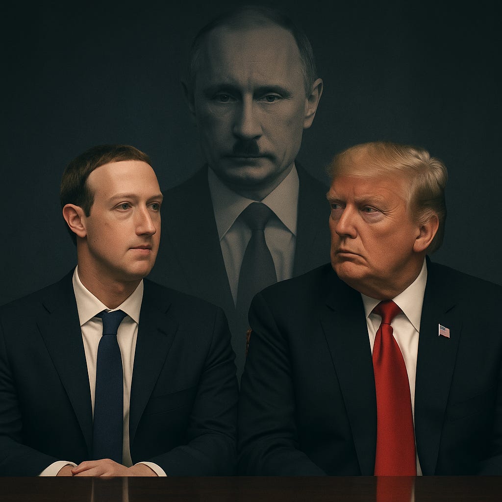 Mark Zuckerberg și Donald Trump așezați la masă; în spatele lor, o figură spectrală care sugerează influența lui Putin