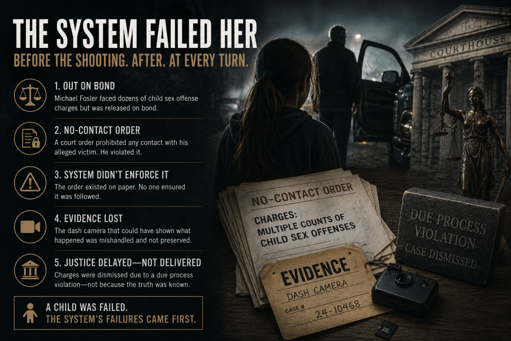An informative graphic discussing systemic failures in the legal process related to a child sex offense case, highlighting key points like bond release, a no-contact order violation, lost evidence, and delayed justice. An informative graphic discussing systemic failures in the legal process related to a child sex offense case, highlighting key points like bond release, a no-contact order violation, lost evidence, and delayed justice.