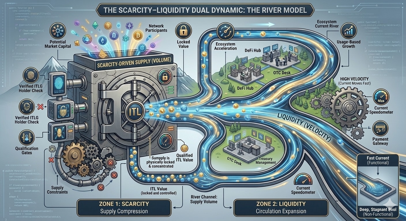 The River Model: compressed supply at the source, expanding liquidity through ecosystem flow.
