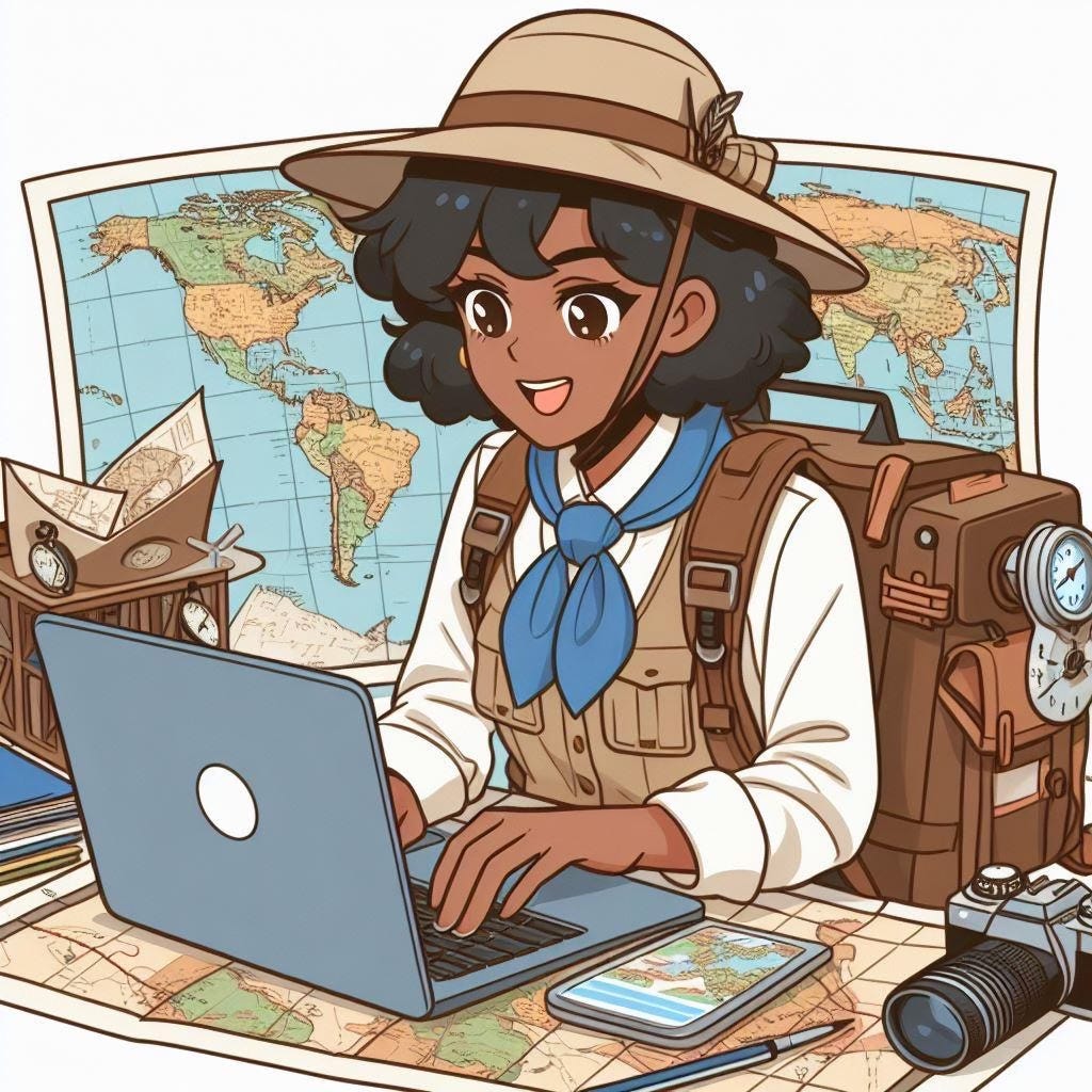 image of girl on laptop with maps behind her
