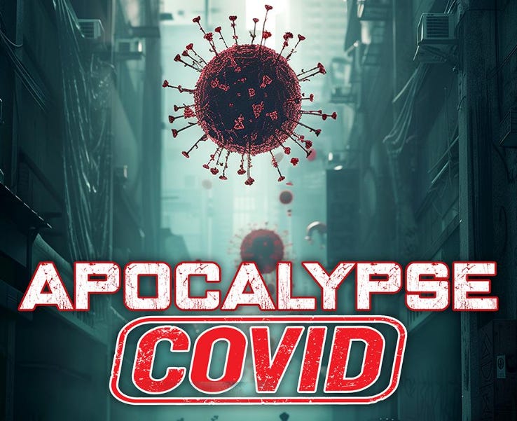 AI-generated poster for the "documentary" called Apocalypse COVID, featuring a scary looking virus floating through a dystopian city street
