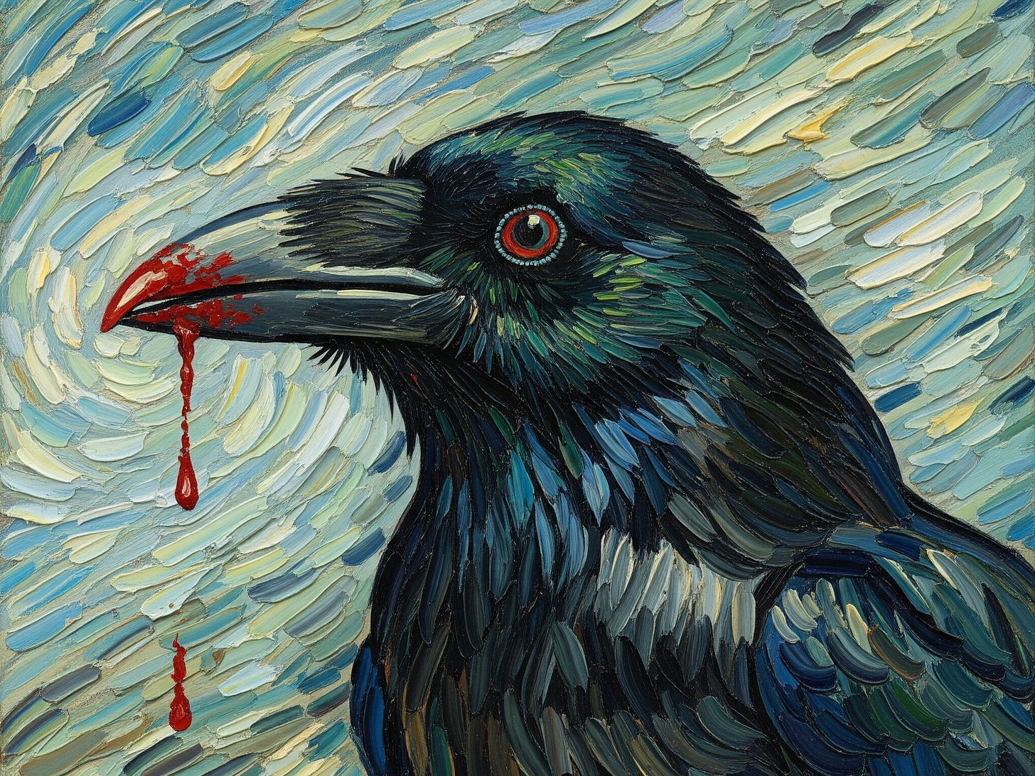 A crow with a blood-tipped beak. Generated with Google Gemini.