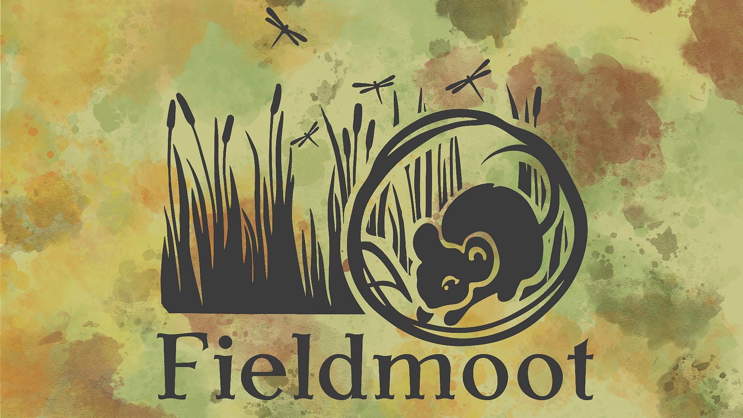 A mouse forages in a field while dragonflies fly overhead.