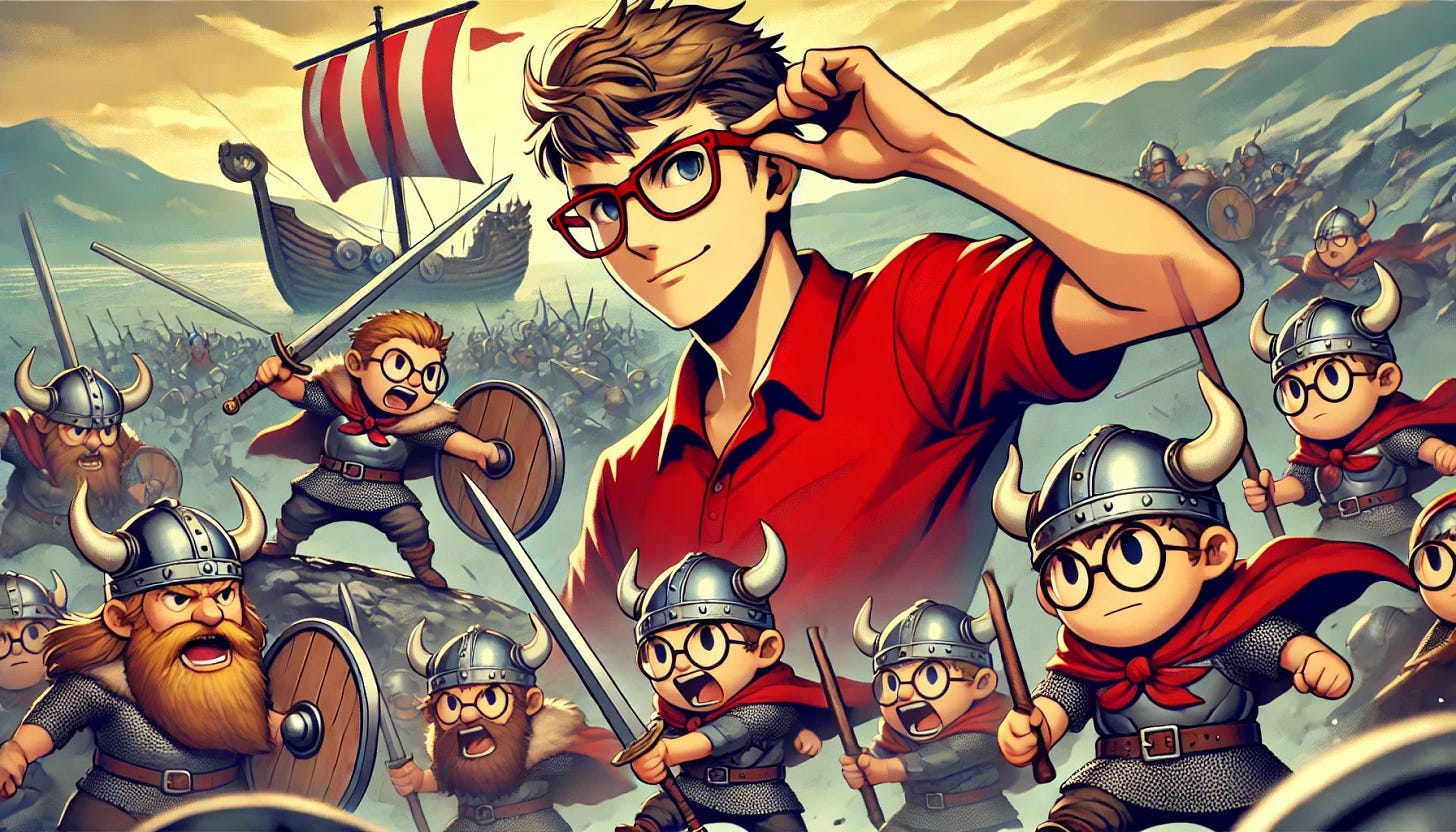 A dynamic and exaggerated 3:2 anime pixel art in the style of 'Persona 5', featuring a male programmer engineer in his mid-30s with styled short blonde hair and red-framed glasses. He is wearing a plain red polo t-shirt with no logo. He is portrayed as the leader of vikings, wielding a sword and commanding an army of liliputs, who are depicted as tiny but fierce. The scene is intense, with the vikings in traditional armor and the liliputs charging, showing movement and conflict. The background is a chaotic battlefield with some Viking ships visible.