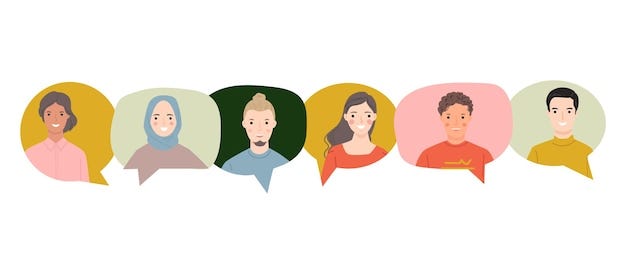 Premium Vector | Group of young people speaking together colorful dialog  speech bubbles.