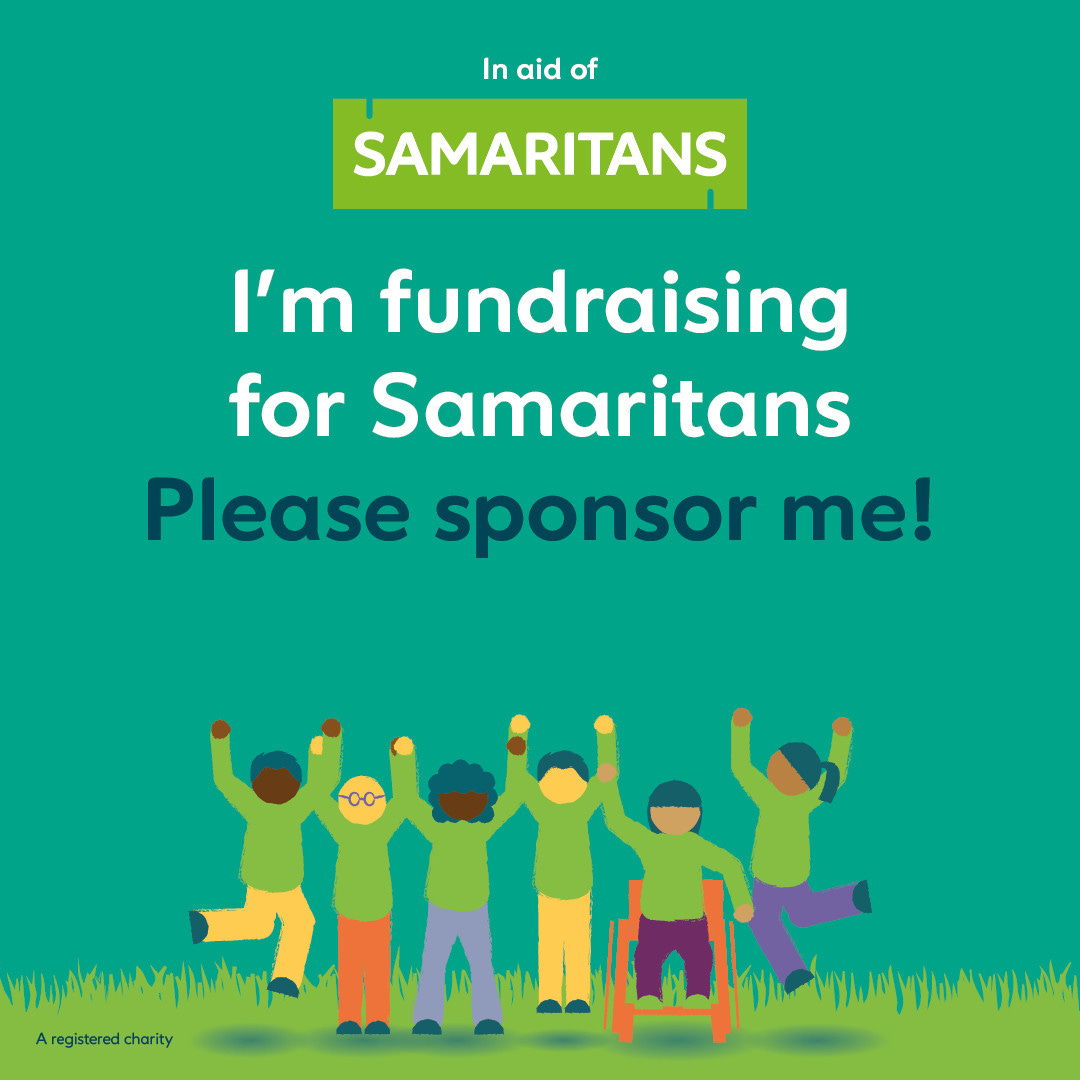 A digital illustration of six people waving their hands in the air against a green background. The first and sixth person are jumping in the air. The fifth person is a wheelchair user. The text above the illustration says  In aid of Samaritans I’m fundraising for Samaritans Please sponsor me!