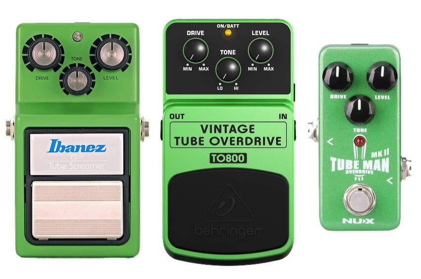 Three guitar pedals, all bright green, all with similar configurations of dials and buttons.