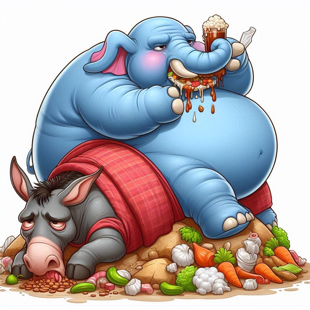 Create an image of an obese elephant binging on food and drink while he is sitting on top  and crushing a sad and sickly emaciated donkey