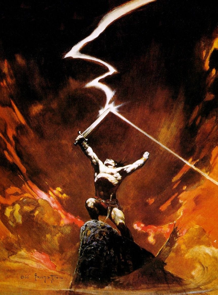 "Lightning Sword" Frank Frazetta Conan O Barbaro, Bd Art, 70s Sci Fi Art, Frank Frazetta, Conan The Barbarian, Pulp Art, Science Fiction Art, Fantasy Artist, Arte Fantasy