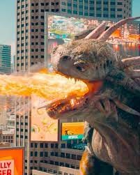 Giant kaiju breathes fire across a city skyline, with flames erupting from its mouth in front of glowing billboards and skyscrapers.