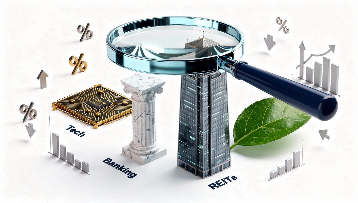 A high-quality 3D isometric composition on a clean white background. In the center, a translucent glass magnifying glass hovering over different symbolic objects representing sectors: a golden microchip (Tech), a classic marble column (Banking), a small modern skyscraper (REITs), and a green leaf (Healthcare/Sustainability). Floating around them are elegant 3D percentage signs and bar charts. Professional lighting, soft shadows, a color palette of navy blue, emerald green, and gold. 8k resolution, cinematic render. A high-quality 3D isometric composition on a clean white background. In the center, a translucent glass magnifying glass hovering over different symbolic objects representing sectors: a golden microchip (Tech), a classic marble column (Banking), a small modern skyscraper (REITs), and a green leaf (Healthcare/Sustainability). Floating around them are elegant 3D percentage signs and bar charts. Professional lighting, soft shadows, a color palette of navy blue, emerald green, and gold. 8k resolution, cinematic render.
