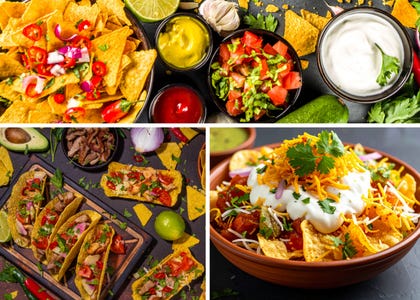 Many pictures of mexican-american foods such as tacos, nachos, and dip