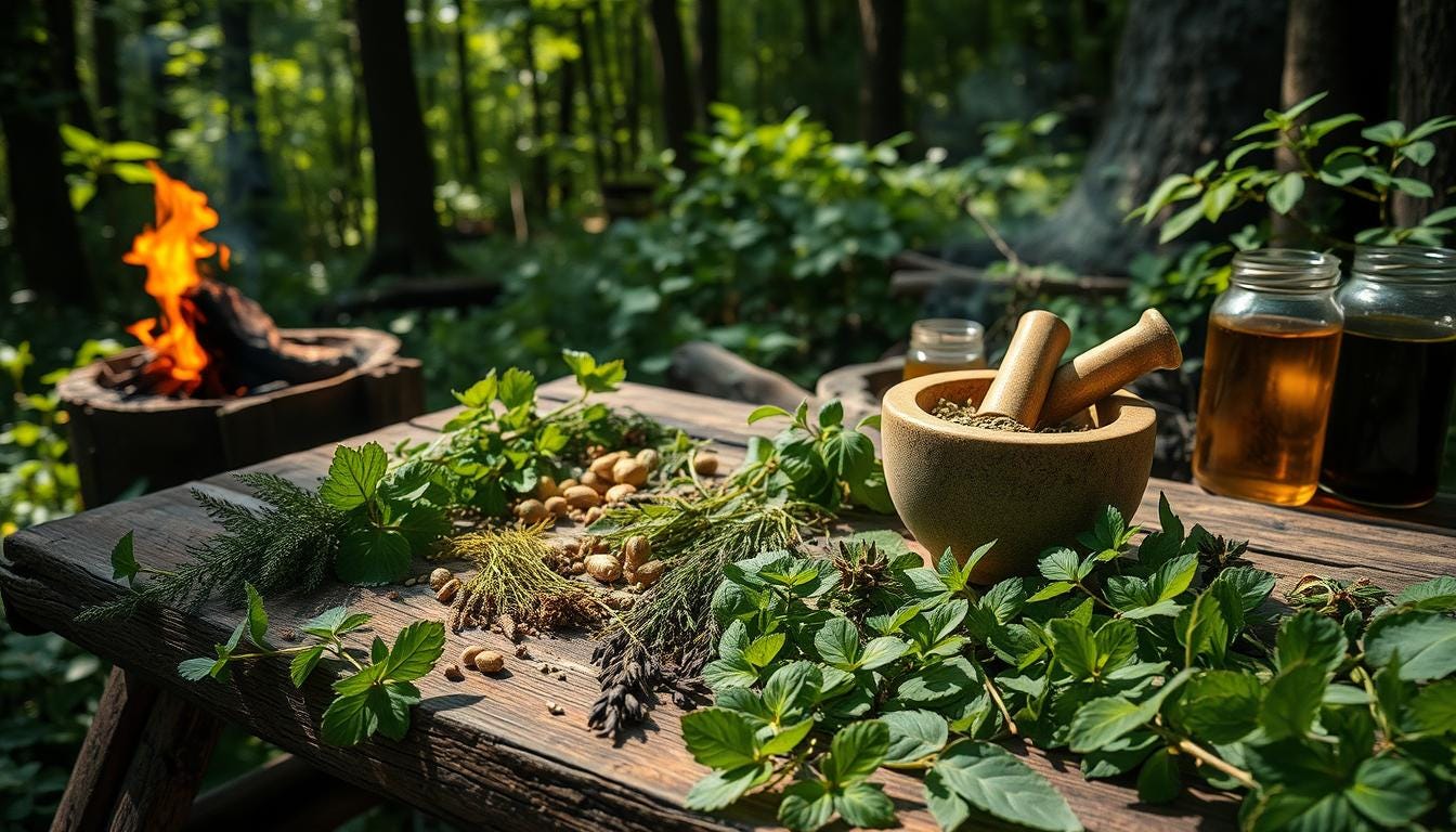  Various wild herbs and plants are spread out on a wood table with a mortar and pestle.