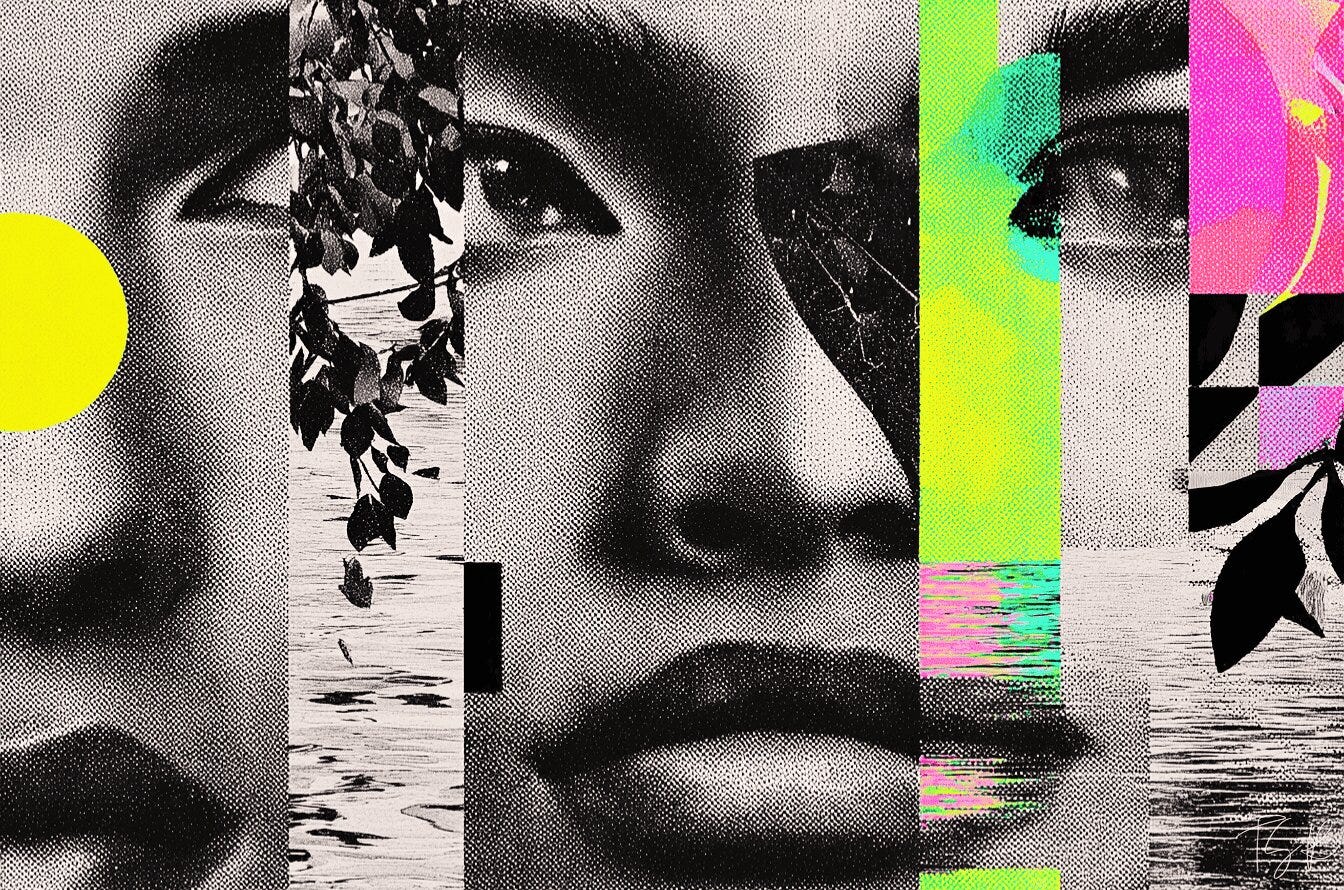 Abstract black-and-white portrait of a face with female features, composed of countless black dots in a computational style, interwoven with subtle foliage, evoking fragmentation, algorithmic construction, and a connection between human and natural forms.