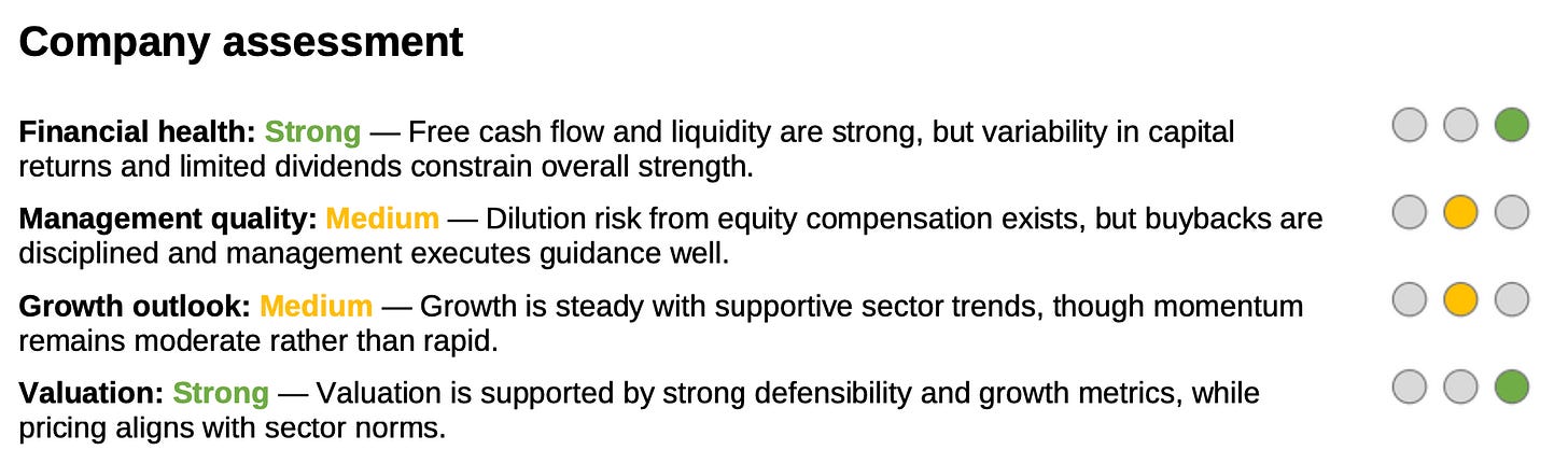 Adobe Financial X-Ray summary showing strong financial health and valuation, but only medium growth and management scores.