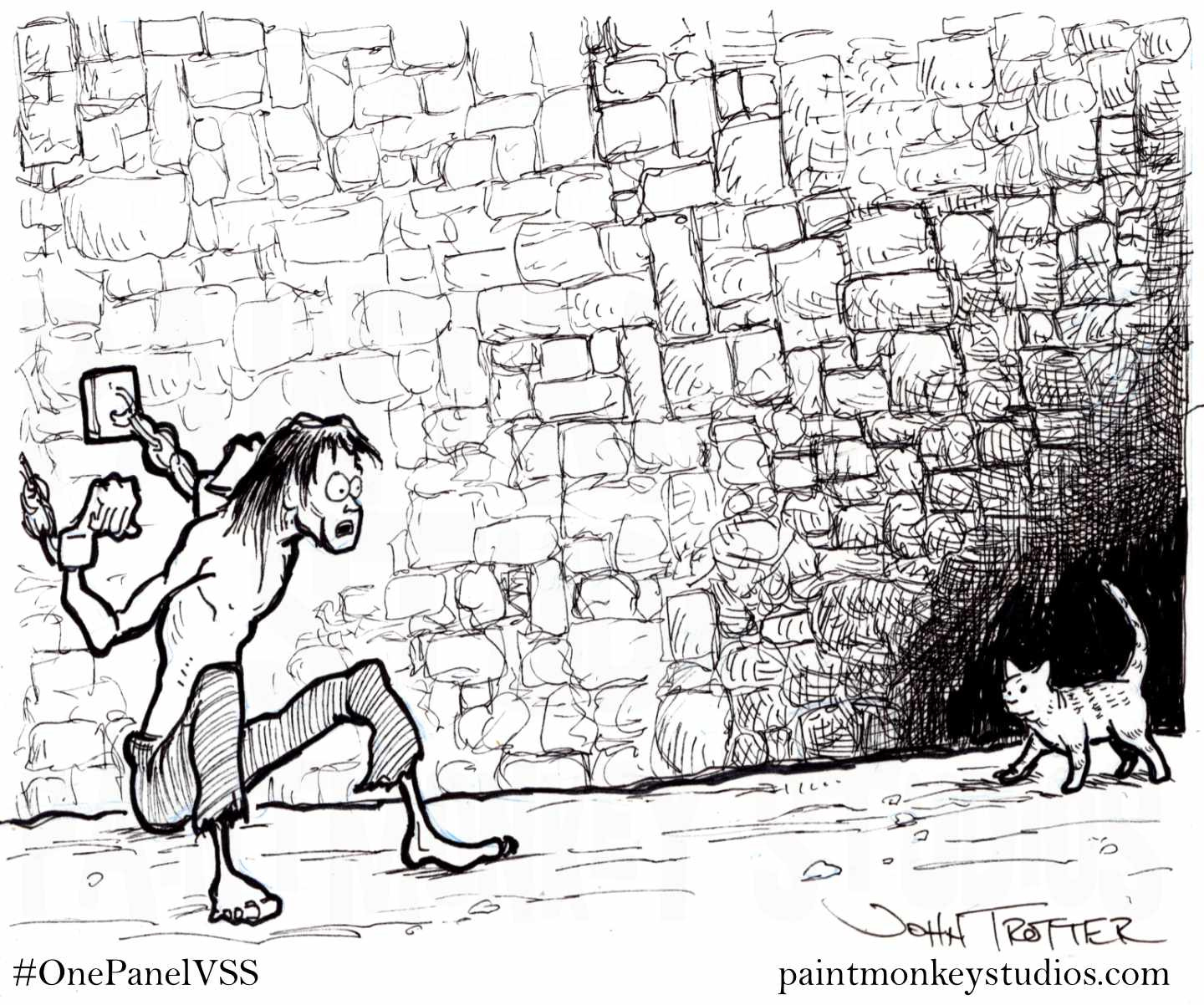 Ink drawing of a man chained to a wall in a dungeon who seems alarmed that a cat is approaching him. Ink drawing of a man chained to a wall in a dungeon who seems alarmed that a cat is approaching him.