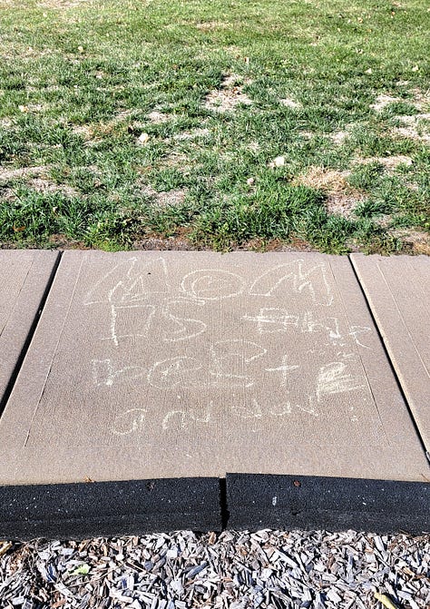 photos of kids chalk drawings on a curved sidewalk and a large leopard frog