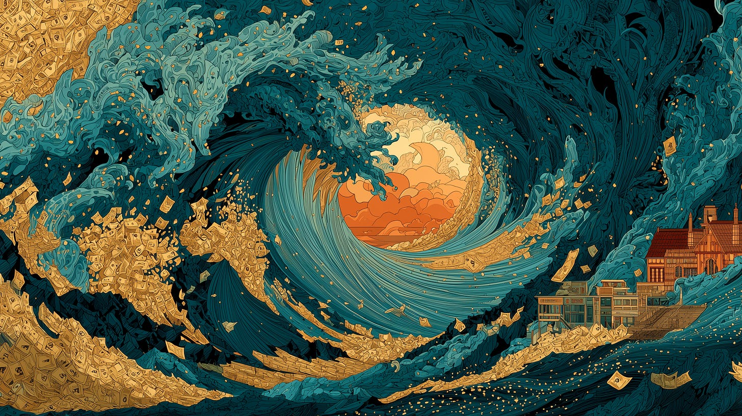 Ukiyo-e woodblock print depicting a massive wave composed of burning banknotes and coins crashing onto a small server rack, styled after Hokusai's Great Wave, in traditional indigo, gold, and vermillion tones.
