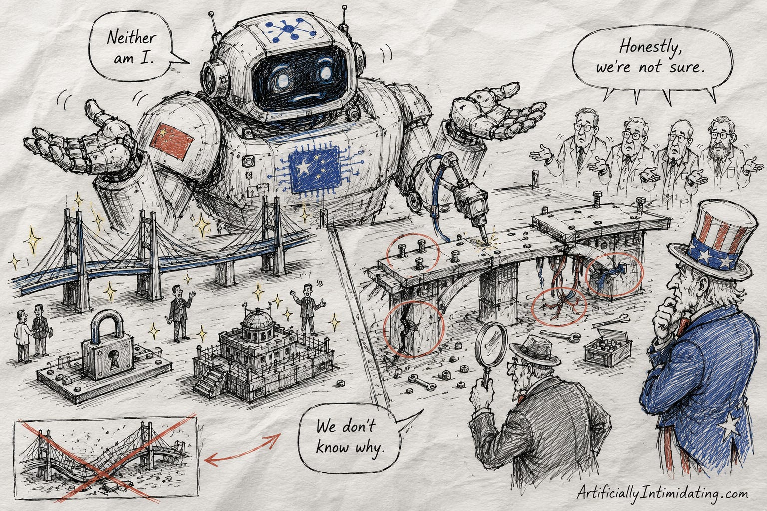 AI created Hand-drawn editorial cartoon showing a giant Chinese AI robot acting as a government contractor. On one side of its workbench, the robot has built flawless bridges, locks, and secure infrastructure admired by businesses and universities. On the other side, facing Uncle Sam, it assembles a bridge with missing bolts, cracked supports, and exposed wiring. Government inspectors and experts shrug in confusion while the robot itself appears equally puzzled, highlighting concerns about unpredictable AI behavior and the lack of understanding behind AI decision-making.
