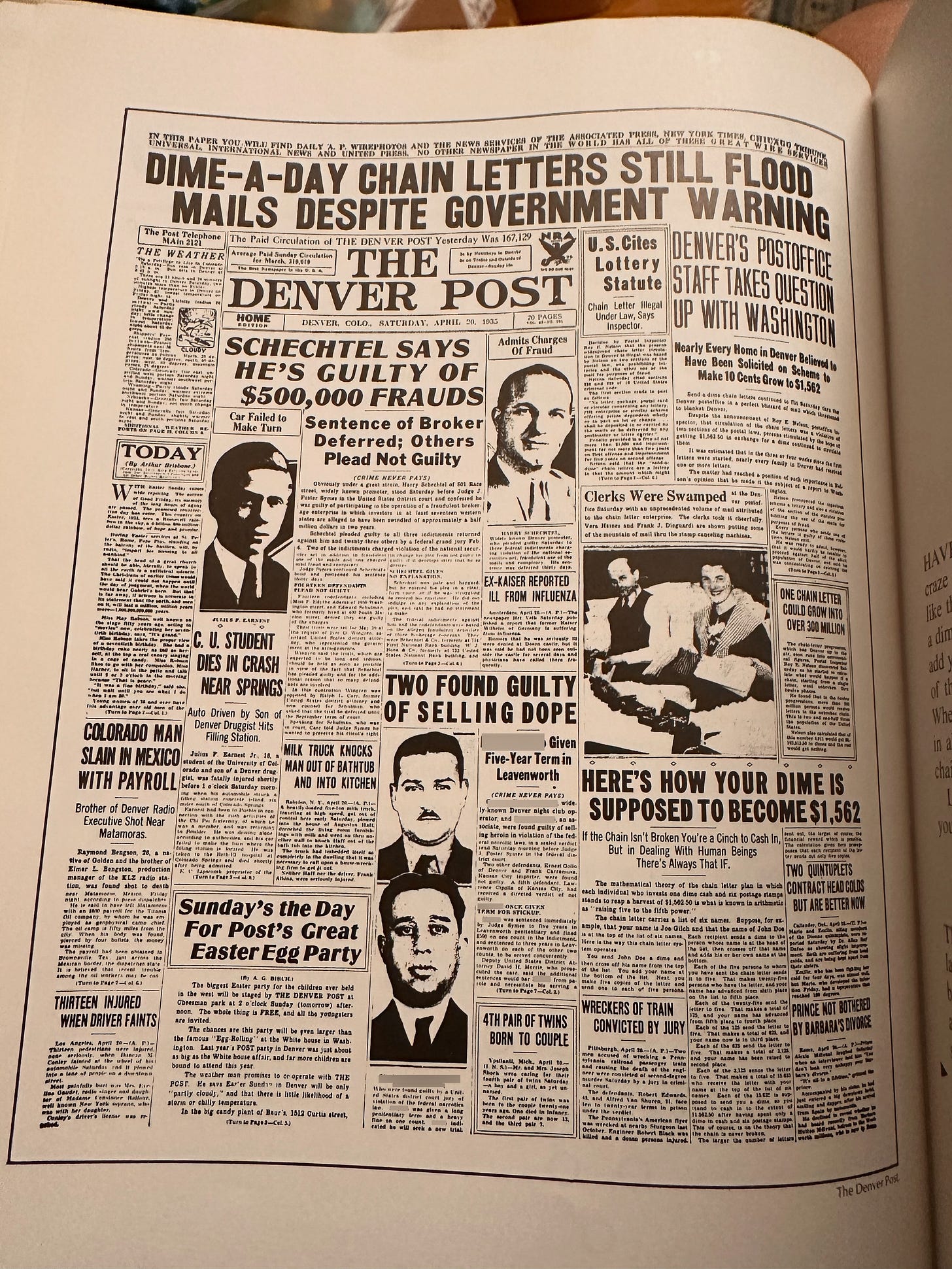 Image of front page of Denver Post from April 20, 1935. Headline: "DIME-A-DAY CHAIN LETTERS STILL FLOOD MAILS DESPITE GOVERNMENT WARNING". Story referenced in the text is headlined "TWO FOUND GUILTY OF SELLING DOPE".