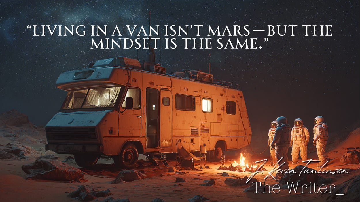 A group of astronauts in space suit standing around a campfire outside of an RV. “Living in a van isn’t Mars—but the mindset is the same.”