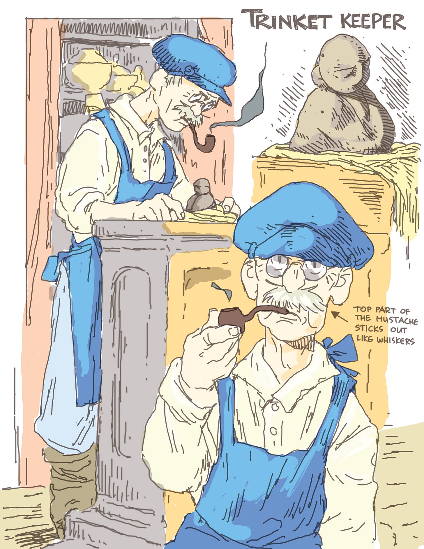 an old man inspecting a stone statue