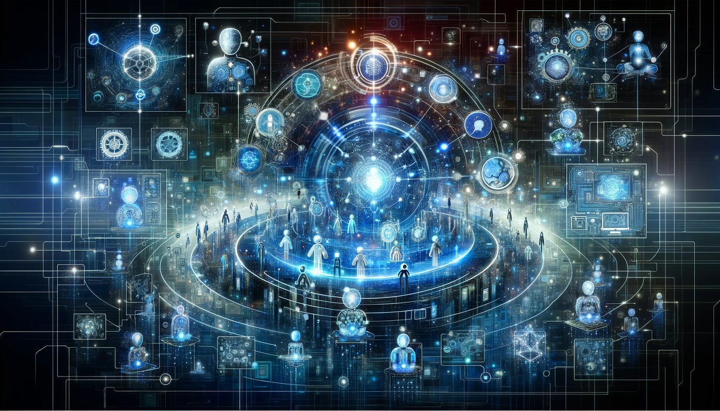 An artistic and conceptual representation for a blog post cover about the 'Mixtures of Experts' (MoE) technology in AI. The image should feature a futuristic, digital landscape with various sections representing different domains of expertise, each manned by a distinct robotic figure symbolizing an expert. These robots should be interconnected by glowing data streams, symbolizing the sharing and routing of information between them. The background should have a complex, circuit-like pattern, reflecting the intricate nature of AI networks. The overall color scheme should be dominated by blues and cyans, with accents of silver and white to suggest advanced technology and innovation.