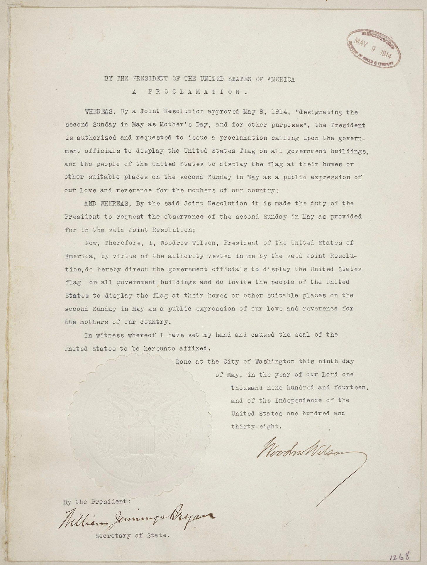 Image of 1914 Presidential Proclamation designating the second Sunday in May as Mother’s Day.