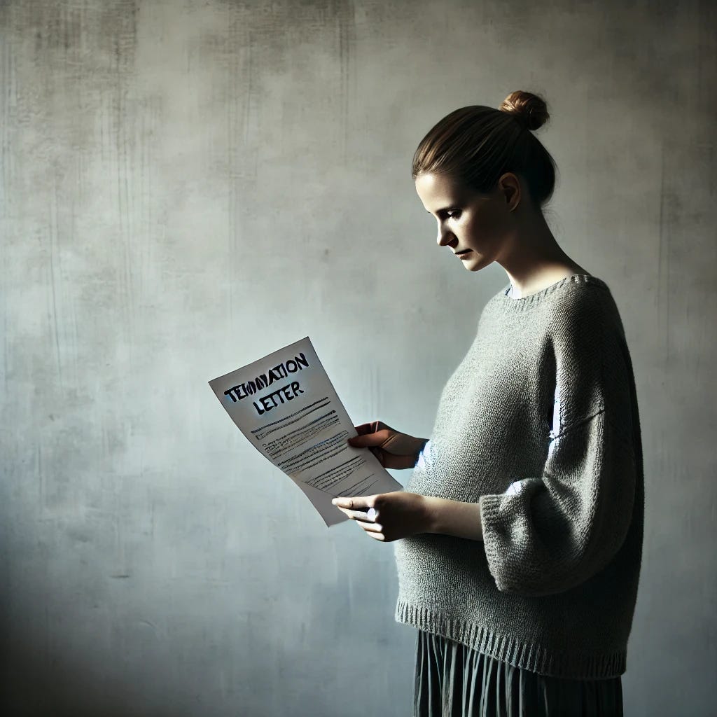 A pregnant woman standing alone, holding a termination letter with a solemn expression. The background is minimal and muted, emphasizing the emotional weight of the moment. The lighting is soft and natural, creating a reflective and poignant atmosphere.