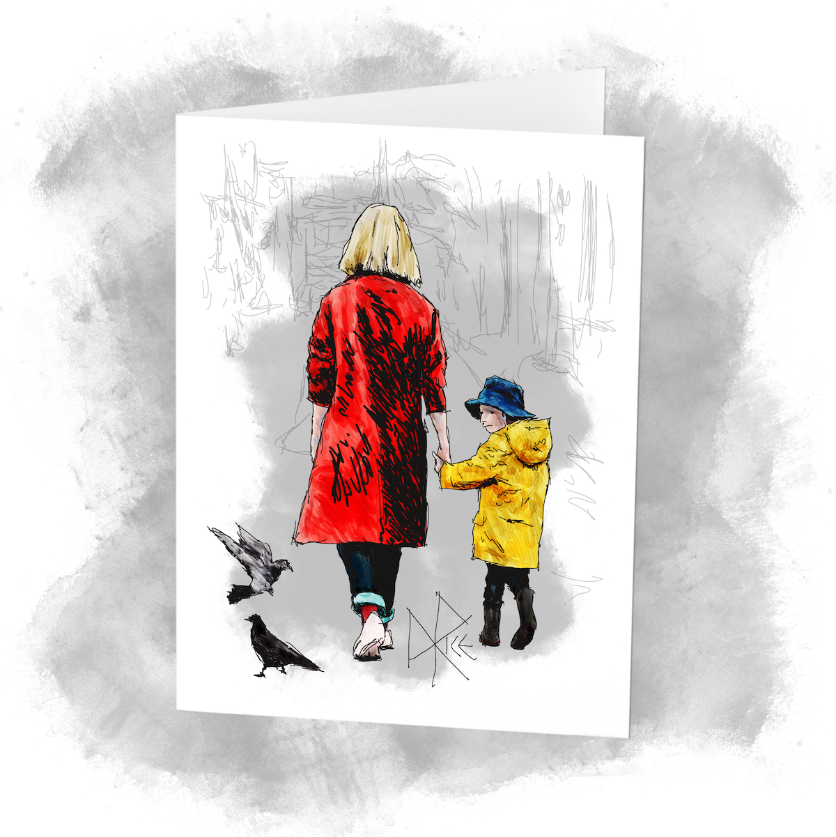 Backs to the viewer, a woman and child hold hands and stroll down a sidewalk. The child’s head is turned back to their rear in full alert, as an attempt to track the sounds and motions of two busy pigeons. Sketch art by Don Rice. Backs to the viewer, a woman and child hold hands and stroll down a sidewalk. The child’s head is turned back to their rear in full alert, as an attempt to track the sounds and motions of two busy pigeons. Sketch art by Don Rice.