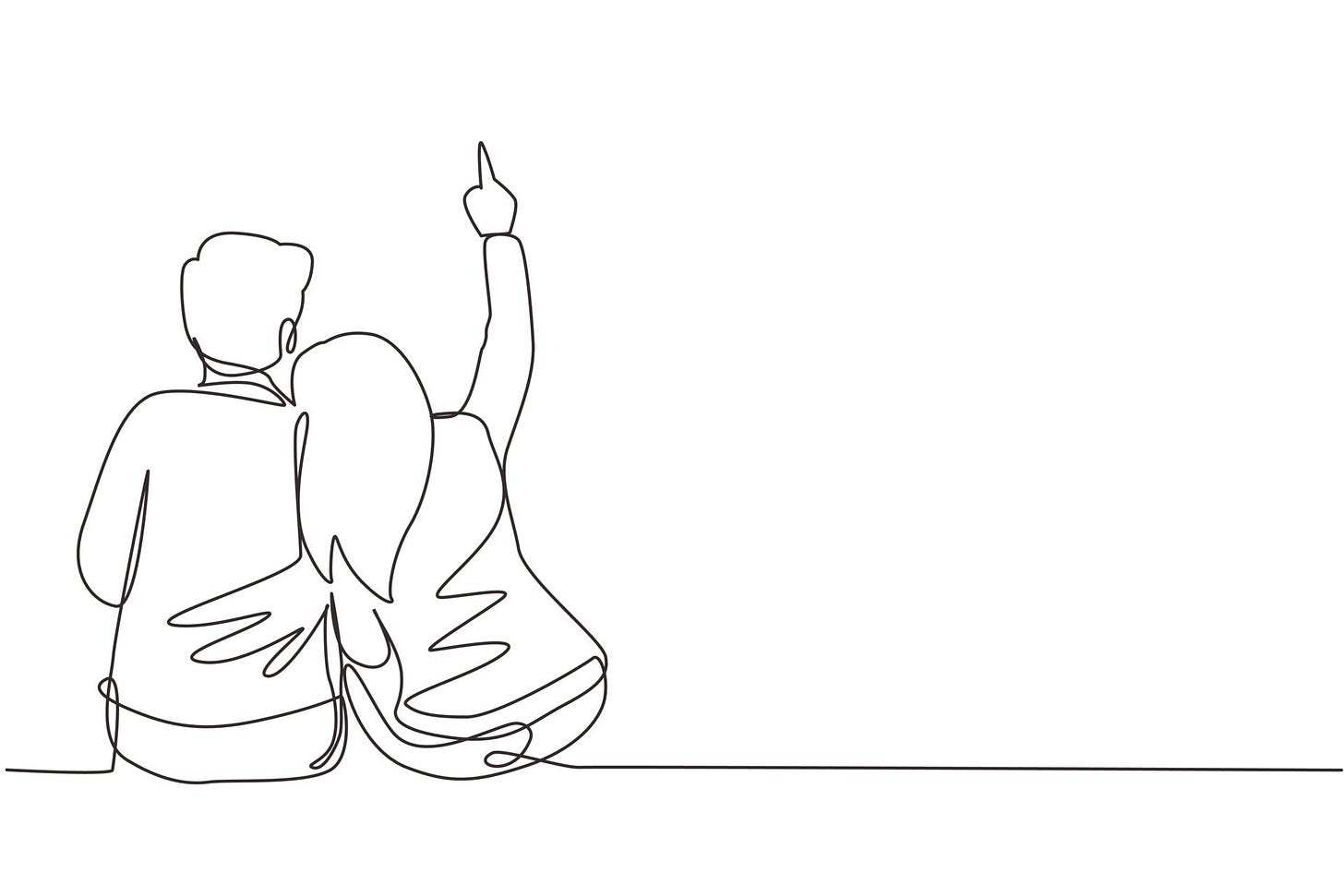Single continuous line drawing young girl in love sit lay on shoulder her  boyfriend and looking at moon and stars. Man and woman enjoying romantic  night together. One line draw graphic design