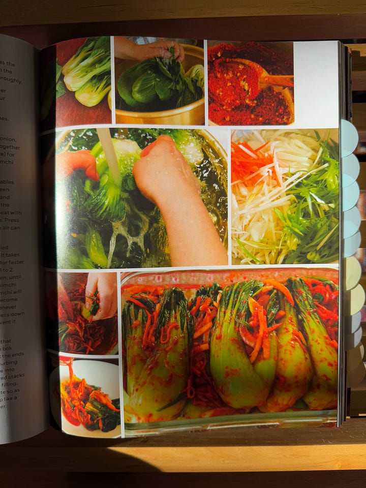 Maangchi's Big Book of Korean Cooking cover, instructional images for making a bok choy dish